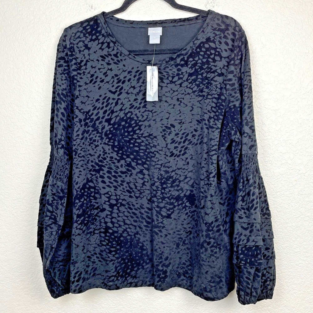 Chico's Knit Top Womens 3 US XL Black Velvet Burnout Long Balloon Sleeves NEW